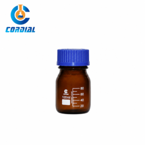 CORDIAL 100ml Amber Glass Reagent Bottle with Blue GL45 Thread Cap for Lab Storage