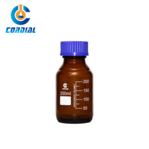 CORDIAL 250ml Amber Glass Reagent Bottle with Blue GL45 Thread Cap for Lab Storage